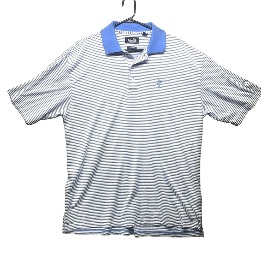 Ashworth Striped Polo Mens L Blue White Castlerock Golf‎ Logo Moisture Wicking